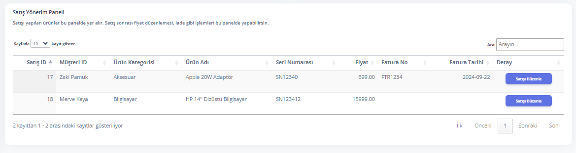 Past Sales and Customer Tracking Screen